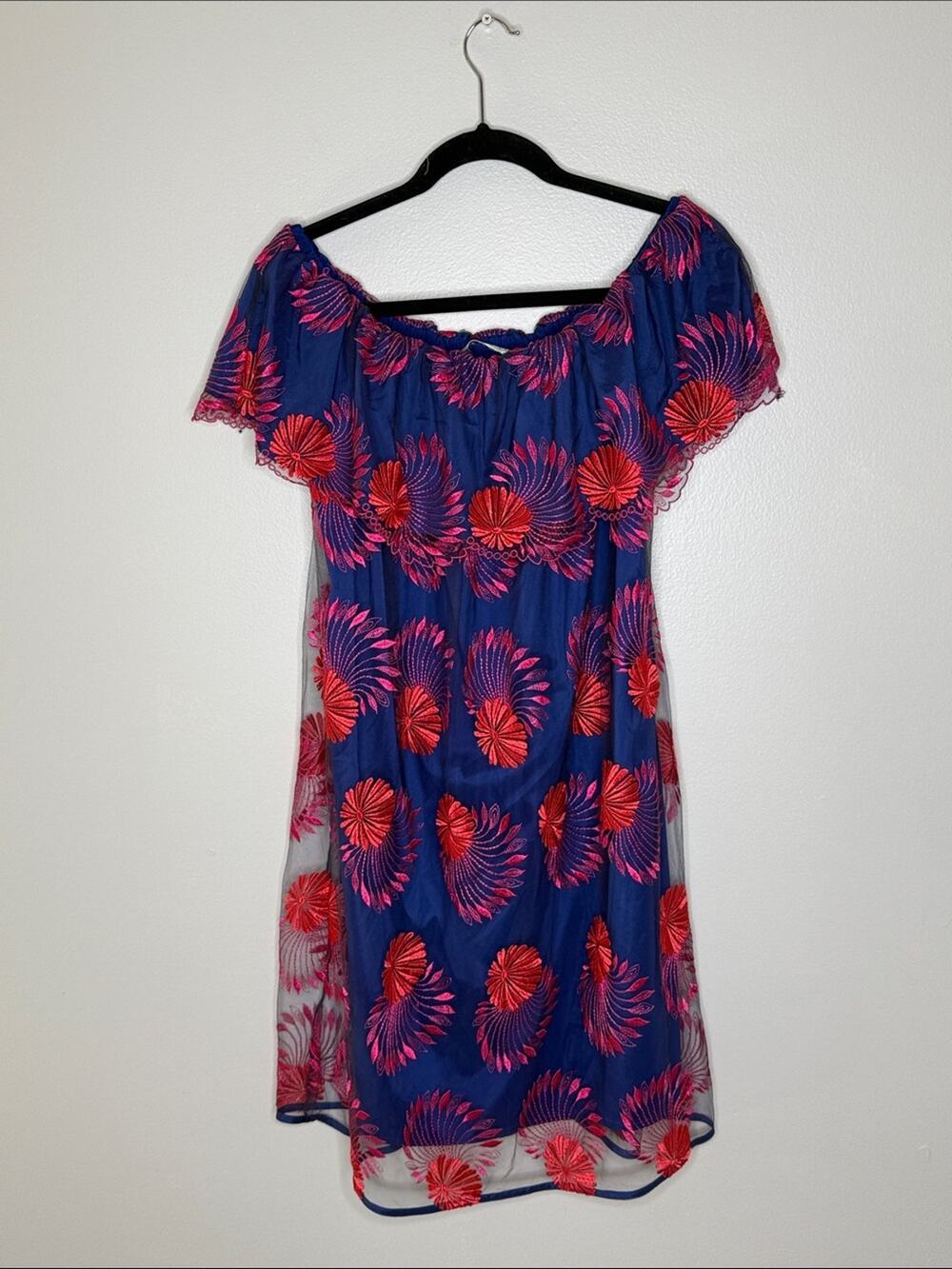Trina Turk Navy Dress with Bright Pink Embroidered Fans Size M/L